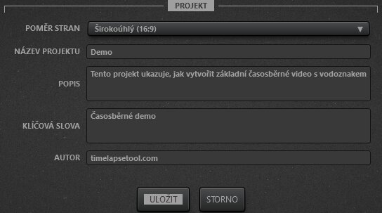 Time-Lapse Tool Nastavení videoprojektu