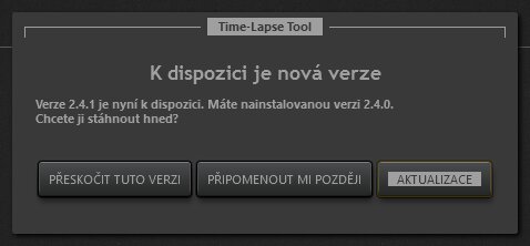 Time-Lapse Tool dialogové okno s upozorněním aktualizace