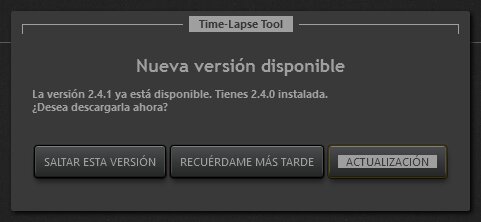 Dialogo de notificación de actualización de Time-Lapse Tool
