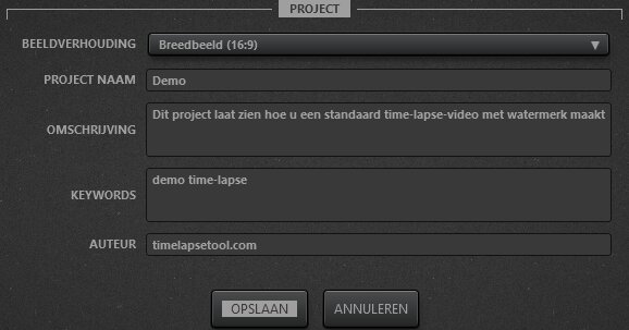 Time-Lapse Tool Instellingen videoproject