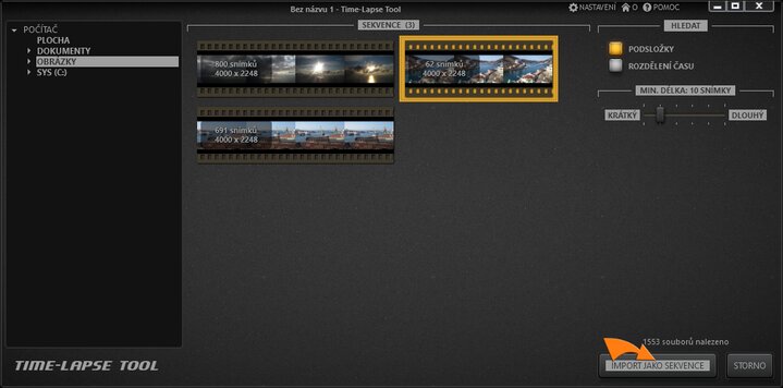 Time-Lapse Tool Import obrázků do videoprojektu.