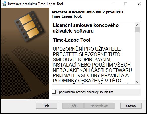 Time-Lapse Tool Úvodní obrazovka průvodce instalací