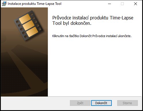 Průvodce instalací zobrazující dokončení instalace softwaru Time-Lapse Tool