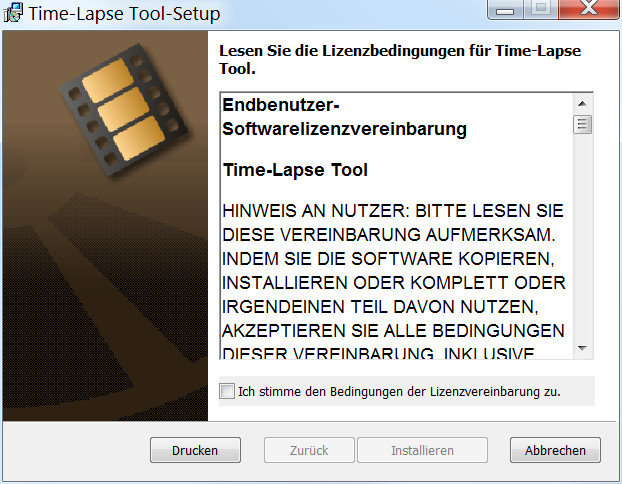 Willkommensbildschirm des Time-Lapse Tool Installation Wizard