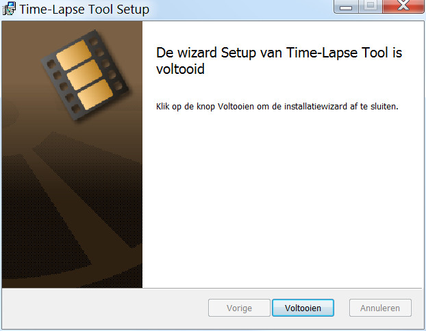 De installatiewizard toont dat de installatie van de software Time-Lapse Tool is voltooid