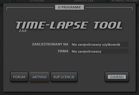 Okno o programie Time-Lapse Tool.