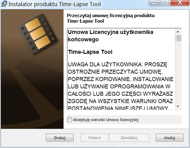 Ekran powitalny kreatora instalacji Time-Lapse Tool