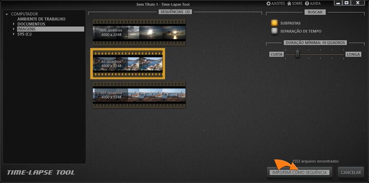 Importação de imagens ao projeto de vídeo do Time-Lapse Tool.