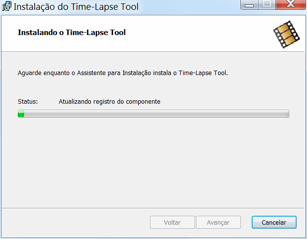 Tela de progresso do assistente de instalação do Time-Lapse Tool