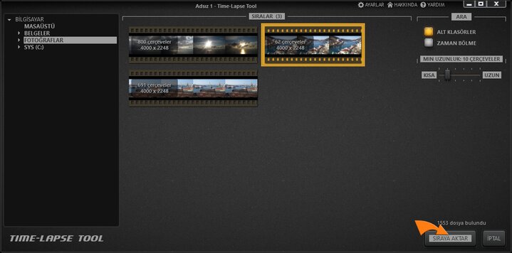 Görüntüleri Time-Lapse Tool video projesine aktarın.