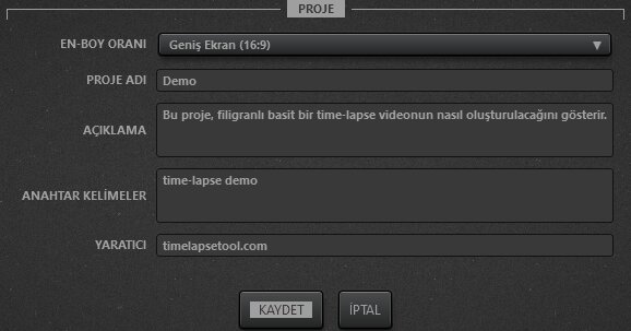 Time-Lapse Tool Video Projesi Ayarları